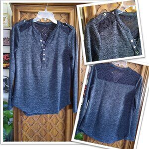 "ELVA' Soft-Knit Lace Henley/ Sweater Top w Button Details - Charcoal, Size S